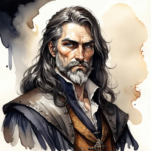 Prompt: human duke, old, dark long hair, bearded, shrewd, wealthy, medival fantasy, artistic, ink and aquarell