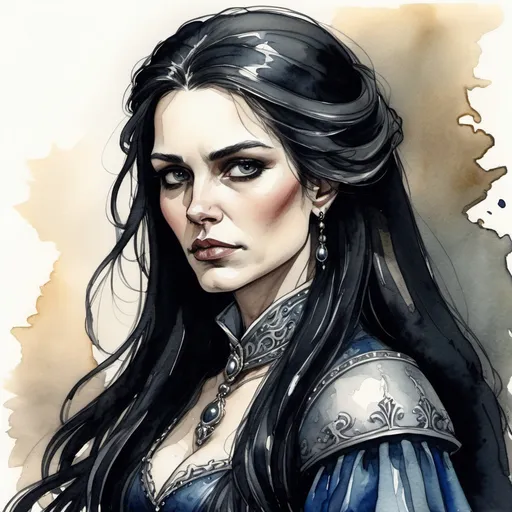 Prompt: human baroness, old, long dark hair, shrewd, wealthy, portrait, medival fantasy, artistic, ink and aquarell