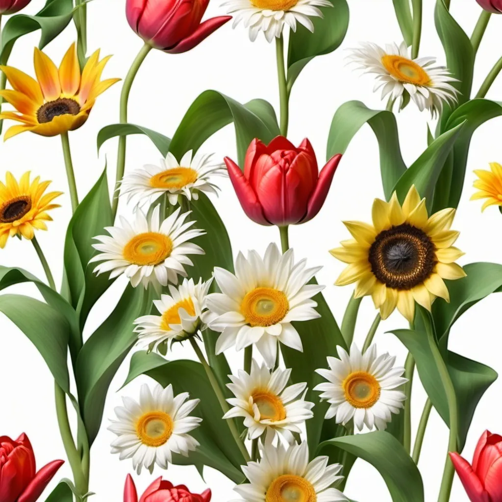 Prompt: a vine full of flowers like tulips, daisies, roses and sunflowers. On a whitebackground
