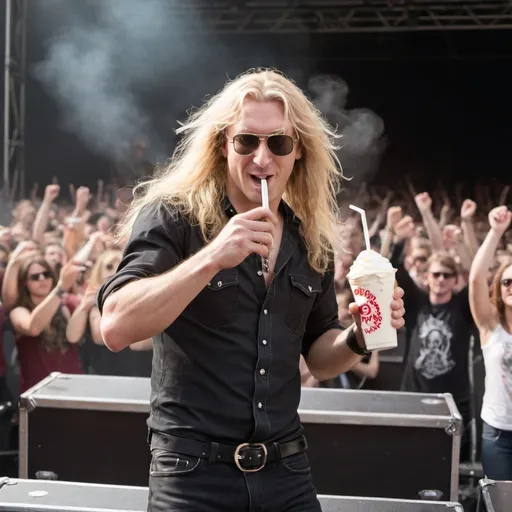 Prompt: A photograph of a blonde, long haired male rock guitarist standing on stage at a concert with aviator sunglasses on, throwing a milkshake into the crowd.
