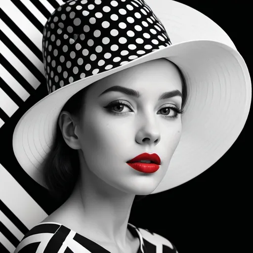 Prompt: minimalist portrait of a woman, (black and white geometric sections), sharp contrast with diagonal lines, (modern), deep black and bright white skin tone division, (vibrant red lips), large polka dot hat, clean lines, visually impactful design, high quality, ultra-detailed image, striking and artistic ambiance, sophisticated composition.