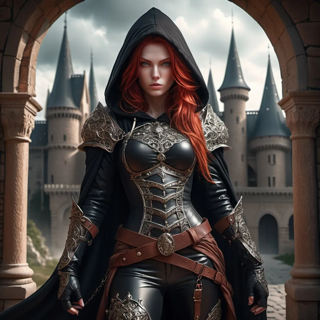 Prompt: a redhed female rogue, in a black hooded clothes with ornaments, dynamic full body pose,A surreal, dreamlike scene .This stunning image captures the essence of a powerful female character, rendered in intricate detail and  the meticulous depiction of flowing hair, intricate armor, and determined expression. An old castle in backgraund