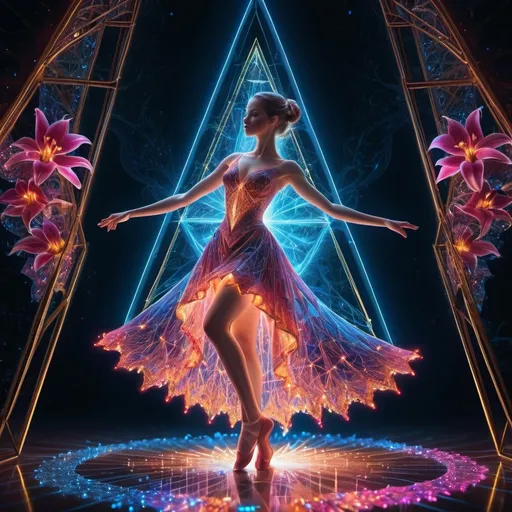 Prompt: Levy curve with (delicate) neon ballerina, (crimson crystal orchid dress), (hyper-detailed drawing), stardust, (white and pure gold neon lines), (blue neon lights), beauty, lilies, glittering sparks, (glowing) ambiance, natural pose, vibrant neon lights sprawling within the intricate structure of the fractal Sierpinski triangle, enchanting atmosphere, (high quality), vividly surreal.