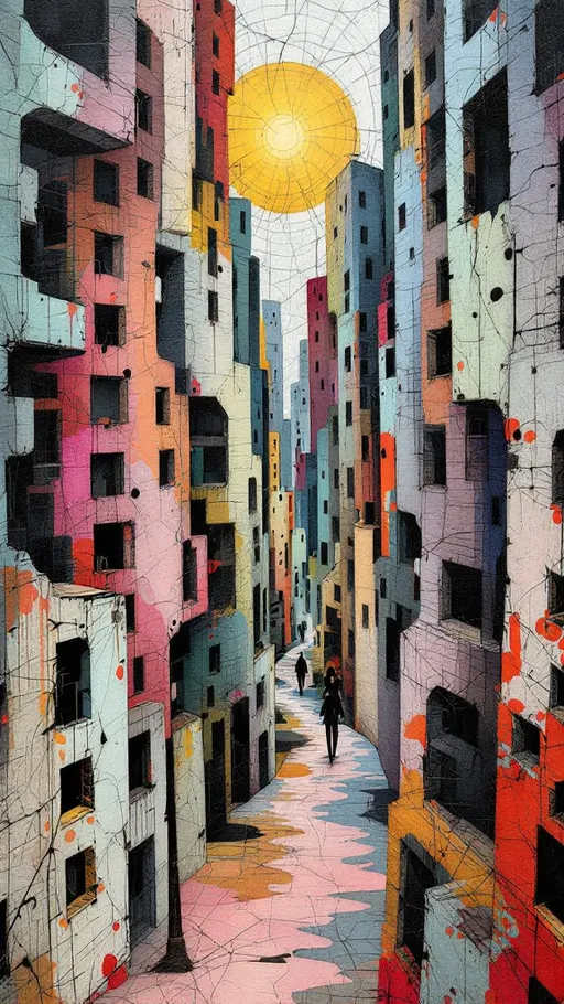 Prompt: Chaotic abstract wire illusion art by awanbyru. Inspired by Escher-style recursion and impossible architecture. Endless morphing skyscrapers with cracks, holes, and surreal, semi-realistic forms of uptown-girls caught in a vibrant, psychedelic Bauhaus explosion. Impasto dripping textures and knife-scratch effects enhance a dynamic composition. Surreal vortex with optical illusion mastery and recursive elegance, bending perception and space.