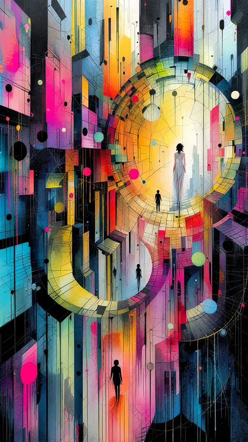 Prompt: Chaotic abstract wire illusion art by awanbyru. Inspired by Escher-style recursion and impossible architecture. Endless morphing skyscrapers with cracks, holes, and surreal, semi-realistic forms of uptown-girls caught in a vibrant, psychedelic Bauhaus explosion. Impasto dripping textures and knife-scratch effects enhance a dynamic composition. Surreal vortex with optical illusion mastery and recursive elegance, bending perception and space.