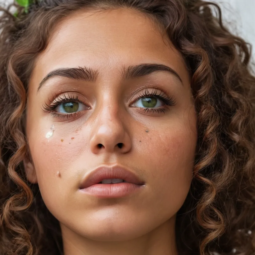 Prompt: Tanned skin, long eyelashes, one eye is round the other is green Long brown, curly hair Looking up while praying, a tear coming down her cheek, representing healing