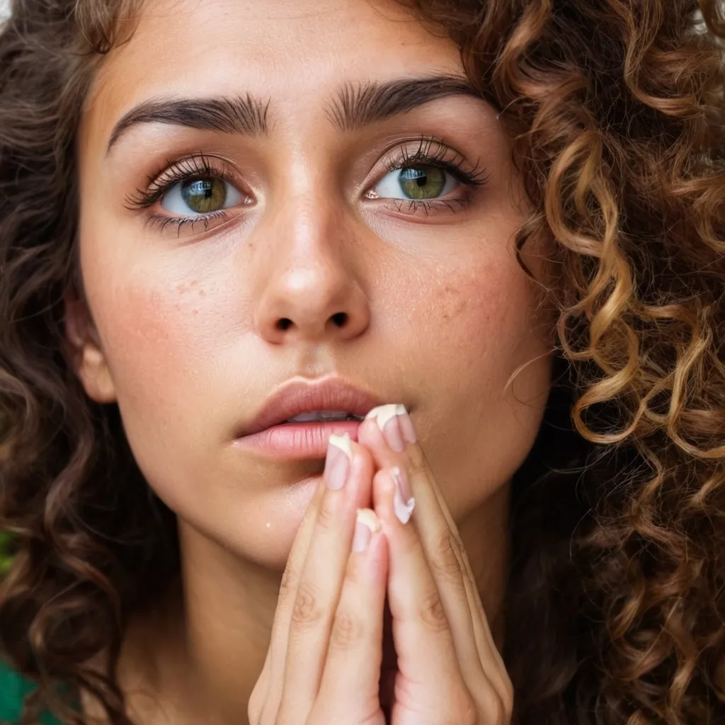 Prompt: Tanned skin, long eyelashes, one eye is round the other is green Long brown, curly hair Looking up while praying, a tear coming down her cheek, representing healing