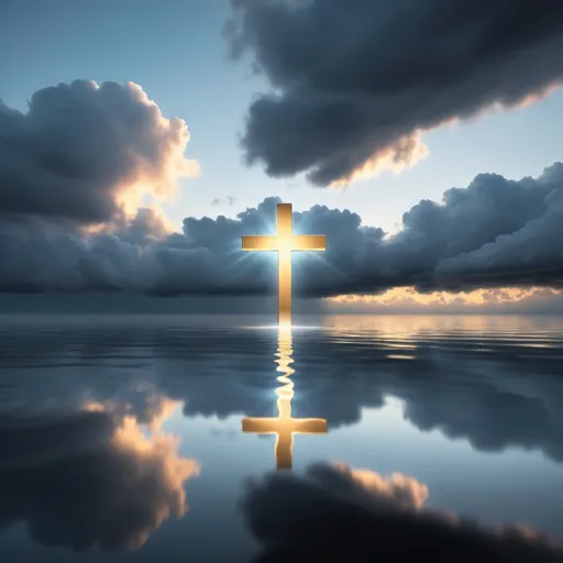 Prompt: A glowing cross in the clouds with its reflection on a glassy, calm body of water. The water is a serene, clear blue color, and the sky above has hints of blue, while the golden light of the cross illuminates the clouds. The scene feels peaceful and spiritual, with the cross glowing brightly and softly reflecting on the surface of the water. Black and grey aesthetic