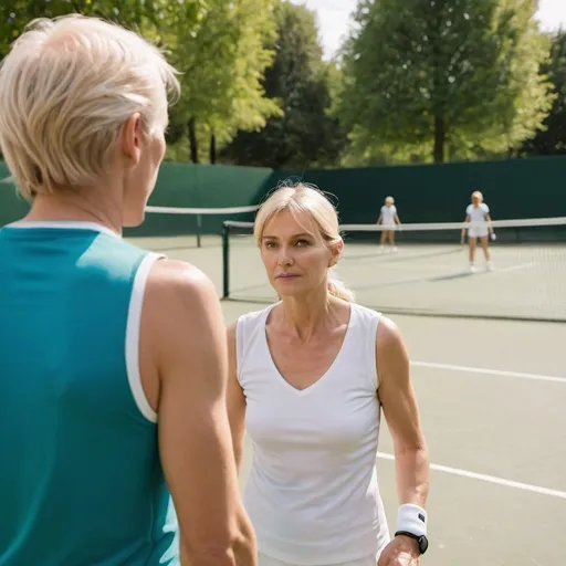 Prompt: A 58 years old tennis player in a park, watching a blonde young woman passing by.