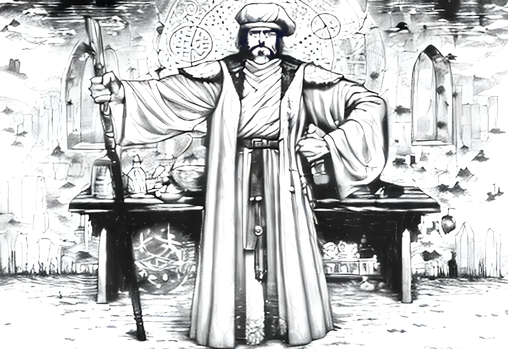 Prompt: a wizard standing still with a magic circle behind him, line-art, heroquest, warhammerquest, old school dnd, black and white