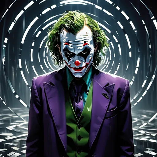 Prompt: A dark and enigmatic joker wearing a mask of fractured mirrors, with twisted reflections of the world around him. He stands in a reality-bending space where objects float and distort, the atmosphere filled with mystical, chaotic energy