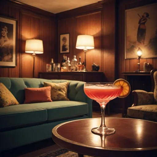 Prompt: cocktail in vintage livingroom with jazzy feeling at nights