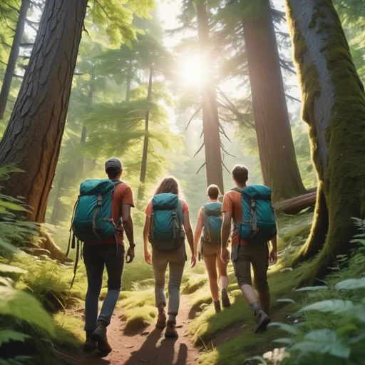 Prompt: (group of friends) exploring a lush forest, vibrant greenery, afternoon sunlight filtering through the treetops, logging and nature sounds, expressions of excitement and curiosity, rugged backpacks and climbing gear, detailed trees and underbrush, colorful wildflowers, sense of camaraderie and adventure, (4K) ultra-detailed, captivating atmosphere.