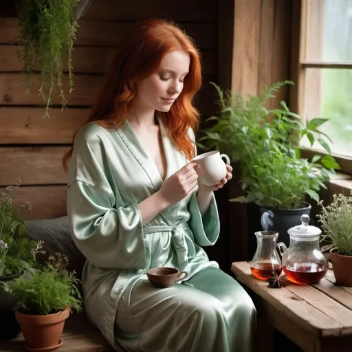 Prompt: a scene of a beautiful red-headed young woman wearing a satin robe, she is sitting holding a hot-water bottle to her tummy, close up of a mug of hot steaming herbal tea on a rustic wooden table, surrounded by herbs and plants in pots. thank you