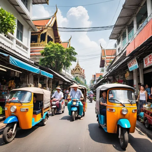 Prompt: : A lively street scene in Bangkok, featuring iconic elements like street vendors, tuk-tuks, and temples, with foreigners and locals engaging in conversation.