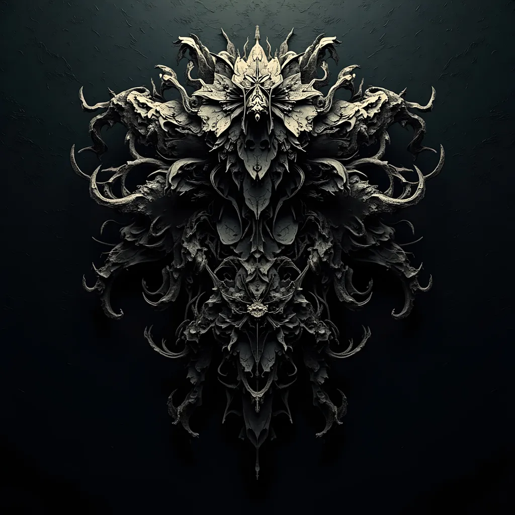 Prompt: (futuristic fractal design), intricate cybernetics, dark textured black background, high-resolution, digital art, dynamic geometric patterns, surreal ambiance, inspired by Never Say Die Dubstep album covers, bold contrasts, captivating depth, ultra-detailed rendering, immersive atmosphere.