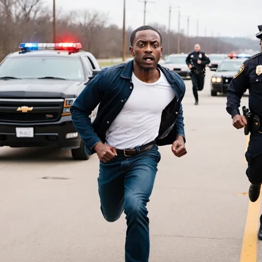 Prompt: a black man running away form jail and the police chases in usa