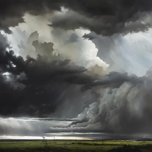 Prompt: A dramatic oil painting of a stormy scene in the United Kingdom, large  homes being swept up by powerful winds, white people caught in the midst of the storm,  ominous dark clouds and lightning, high contrast and intense shadows, realistic, oil painting, dramatic storm, United Kingdom,  intense lighting, realistic portrayal, dark clouds, white people caught in the storm, dramatic composition