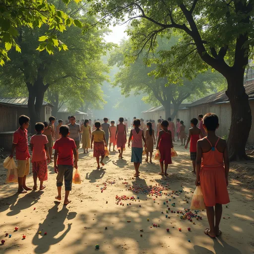 Prompt: A rural Indian village playground during summer, with children gathering, green trees around, sunlight casting shadows, kids holding bags of marbles.

