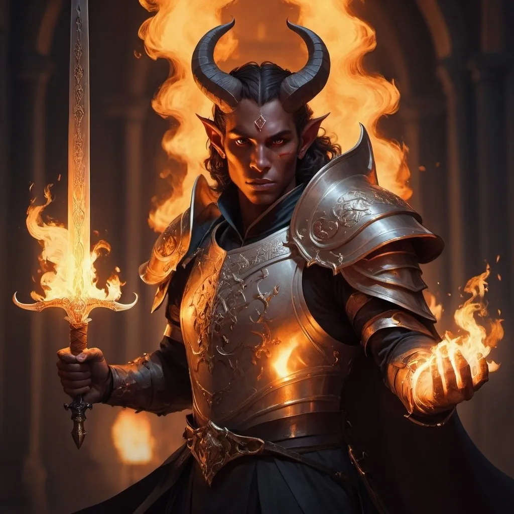 Prompt: portrait of a tiefling paladin with a flaming sword in his hands. Epic fantasy. beautiful. cinematic top lighting, insanely detailed and intricate, face by wlop, Charlie Bowater, golden ratio, symmetric, elegant, ornate, luxury, elite, matte painting, cinematic, trending on artstation, deviantart and cgsociety, 8k, high resolution