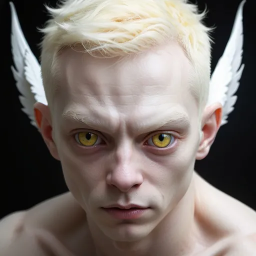 Prompt: High contrast digital art of a sinister yellow-cat eye demon, white albino skin, large wings, intense and focused gaze, minimalistic color palette, detailed eyes, highres, digital art, high contrast, sinister, minimalistic, intense gaze, detailed eyes, professional