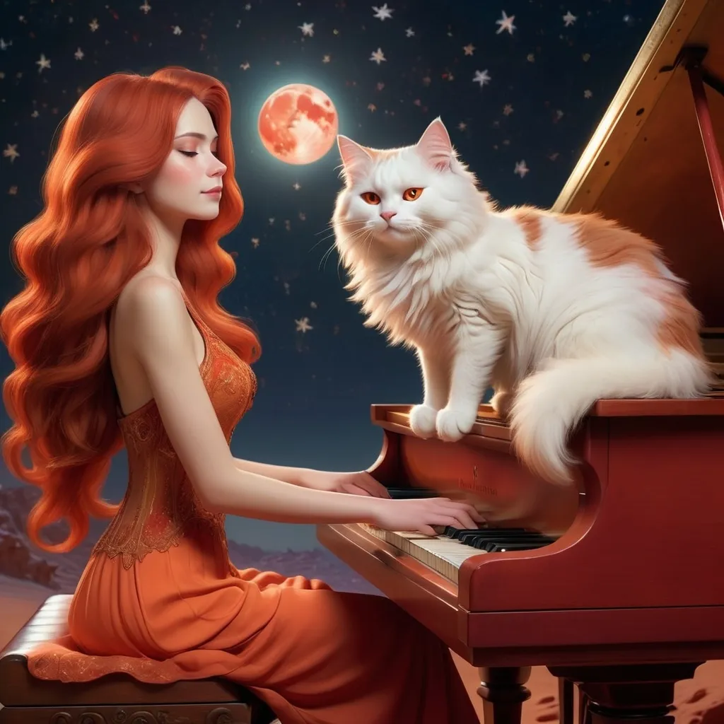 Prompt: (elegant long-haired pianist), playing an antique piano, red sands of Mars, fluffy white cat on piano, in brilliant starry night sky (Mount Olympos in the background), dreamy cosmic atmosphere, vivid red and orange hues, soft glowing light illuminating the scene, intricate details of the piano, serene expression on pianist's face, ultra-detailed, high quality, cinematic masterpiece.