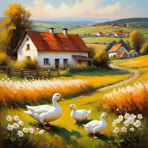 Prompt: german rural vilagge farm house with white ducks and women working in field lots of wild white flowers and bright impression russtyy abstract oil impressionism