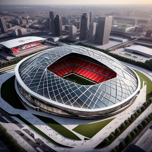 Prompt: A futuristic football stadium inspired by the Mercedes-Benz Stadium in the USA, featuring a sleek and angular architectural design. The exterior showcases a dynamic blend of glass and metallic panels with sharp geometric shapes, creating a high-tech appearance. A retractable, petal-shaped roof is a centerpiece of the design, with panels that open like a camera aperture to reveal the sky. The stadium accommodates over 80,000 fans with comfortable, eco-friendly seating, integrated with digital screens. The pitch is surrounded by a giant 360-degree LED display ring at the top of the interior. A Volkswagen logo is prominently displayed on the exterior, emphasizing the brand's influence on the design. The surrounding area includes advanced parking facilities and pathways for autonomous electric shuttles. This stadium embodies innovation and luxury, blending sustainability with cutting-edge technology.

