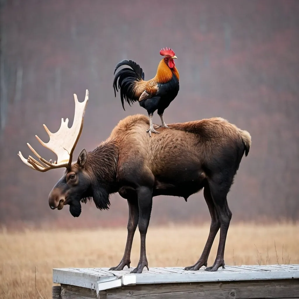 Prompt: Rooster sitting on top of a moose