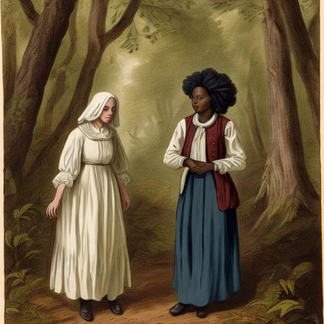 Prompt: A white Quaker woman and a black woman in the woods in 1788 for a book cover historically accurate 