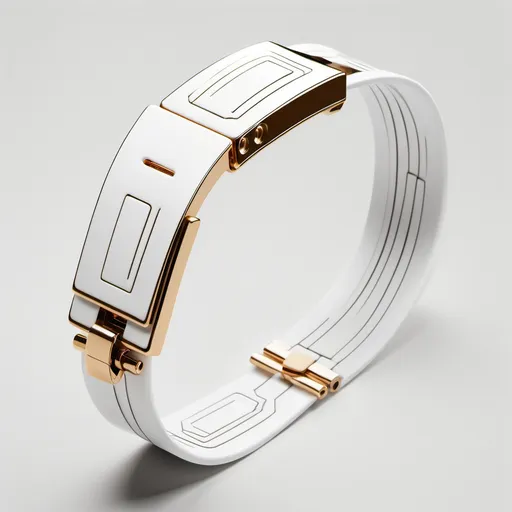 Prompt: a white bracelet with a metal clasp and a metal clasp on it, with instructions to adjust the clasp, Andries Stock, panfuturism, product photo, a digital rendering