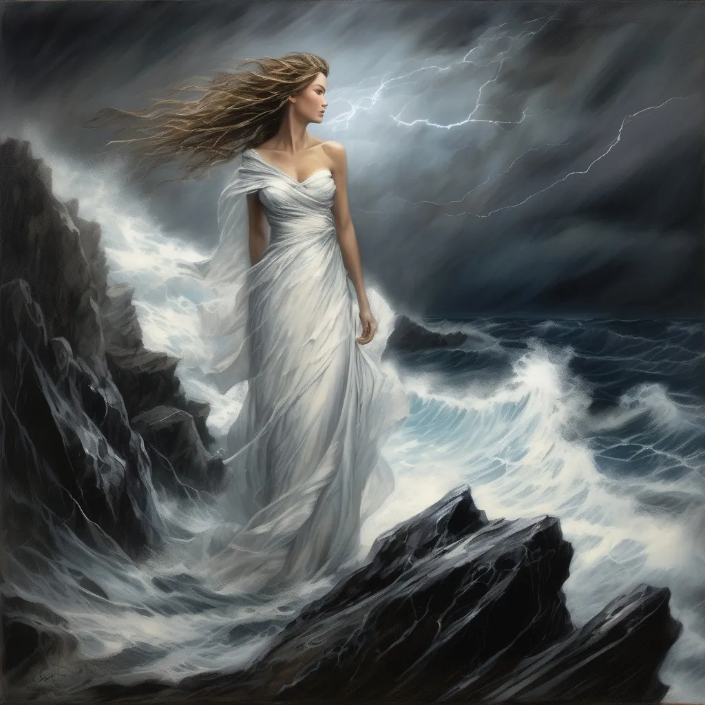 Prompt: A (singular female figure) in a beautiful (white chiffon flowy gown) flowing dramatically in the wind, standing at a distant (high rocky cliff) overlooking a turbulent (stormy sea), with fierce (stormy waves) crashing below, accented by (whitecaps) and shrouded in (dramatic gray clouds) illuminated by (flashes of lightning) in the (ominous background). Captured in an ultra-detailed, cinematic style, conveying a sense of (isolation) and (loneliness) of unrequited love