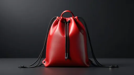 Prompt: Leather drawstring backpack, red and black, minimalistic background, high-quality, realistic, minimalistic, leather material, drawstring design, detailed stitching, smooth surface, modern, minimal design, subtle shadows