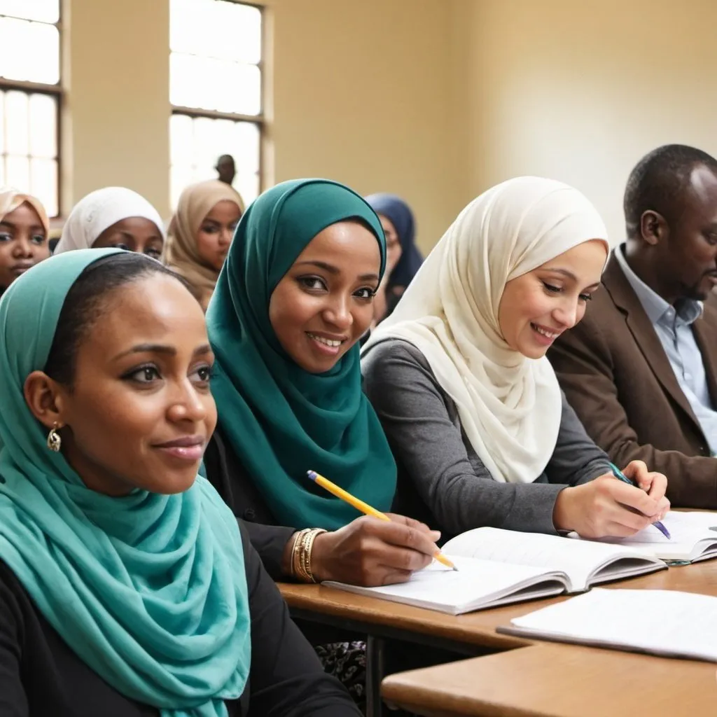 Prompt: Diverse muslim  east african parents engaged in a school meeting
