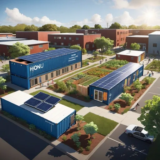 Prompt: Architectural rendering of a single, small shipping container with solar panels on the entire roof in the foreground. "Honu Hub" is written in large and bold lettering on the side of the container. In the background is one community center building made of cinder blocks and painted blue. The community center also has solar panels on the roof. Surrounding the two buildings are community gardens with vegetables. There are no other buildings in the background. There is also a playground next to the community center. The setting is rural. The roads are dirt roads