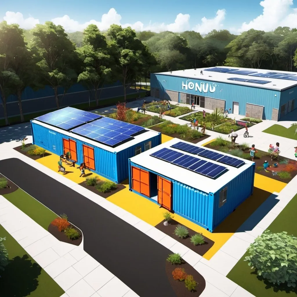 Prompt: Architectural rendering of a single, small shipping container with solar panels on the entire roof in the foreground. The word Honu are written in large and bold lettering on the side of the container. In the background is one community center building made of cinder blocks and painted blue. The community center also has solar panels on the roof. Surrounding the two buildings are community gardens with vegetables. There is also a playground next to the community center. Kids are playing on the playground. People are working in the garden. The setting is rural with a forest in the background. The roads are dirt roads