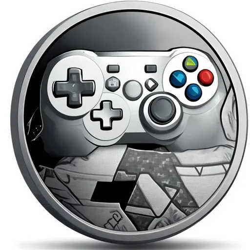 Prompt: game controller in a silver coin with pixels style