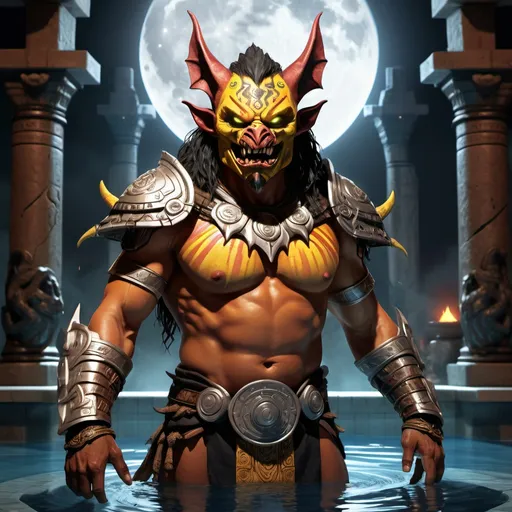 Prompt: hyper-realistic character, fantasy character art, illustration, dnd, warm tone, full body image of Camazotz, the Mayan anthropomorphic bat god, wearing turquoise and silver armor, silver moon behind him, dramatic shot, manipulator of blood, soft yellow glow of his eyes, black fur, standing in a pool of blood