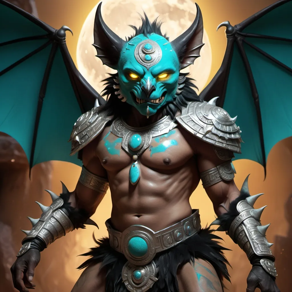 Prompt: hyper-realistic character, fantasy character art, illustration, dnd, warm tone, full body image of Camazotz, the Mayan anthropomorphic bat god, wearing turquoise and silver armor, silver moon behind him, dramatic shot, manipulator of blood, soft yellow glow of his eyes, black fur, particles of blood dance around him