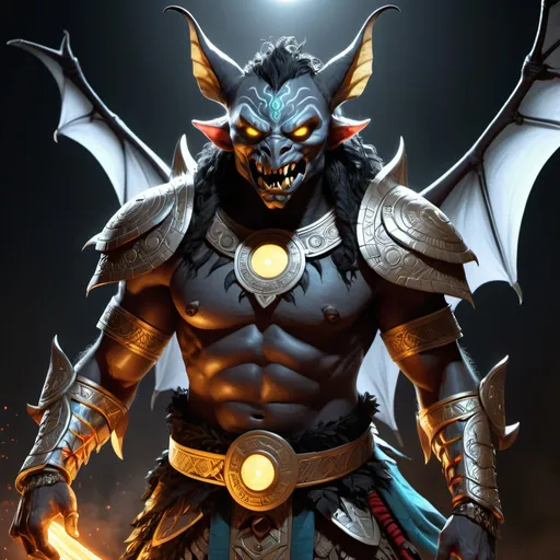 Prompt: hyper-realistic character, fantasy character art, illustration, dnd, warm tone, full body image of Camazotz, the Mayan anthropomorphic bat god, wearing turquoise and silver armor, silver moon behind him, dramatic shot, manipulator of blood, soft yellow glow of his eyes, black fur, particles of blood dance around him