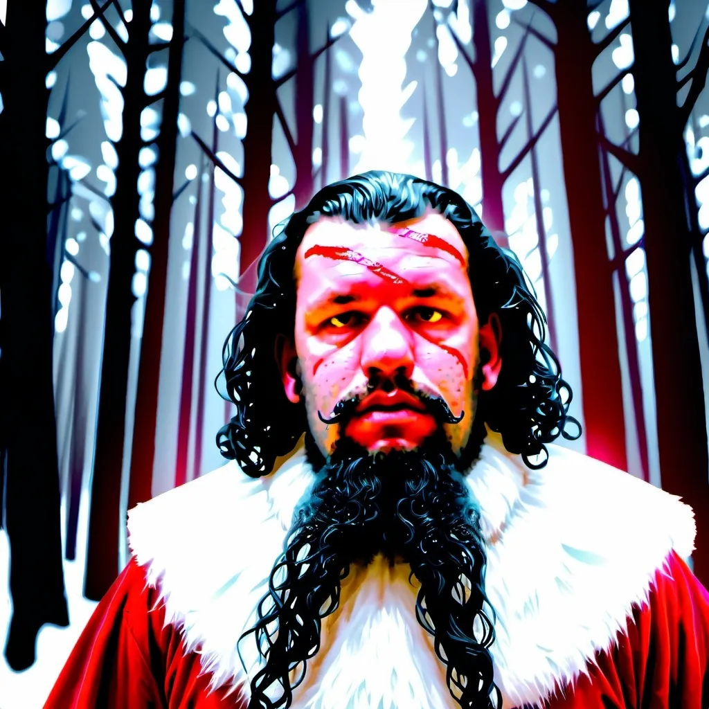 Prompt: Hyper realistic, Satan as Santa Claus, snowy forest, blood everywhere, jolly, still kind but will give evil to evil