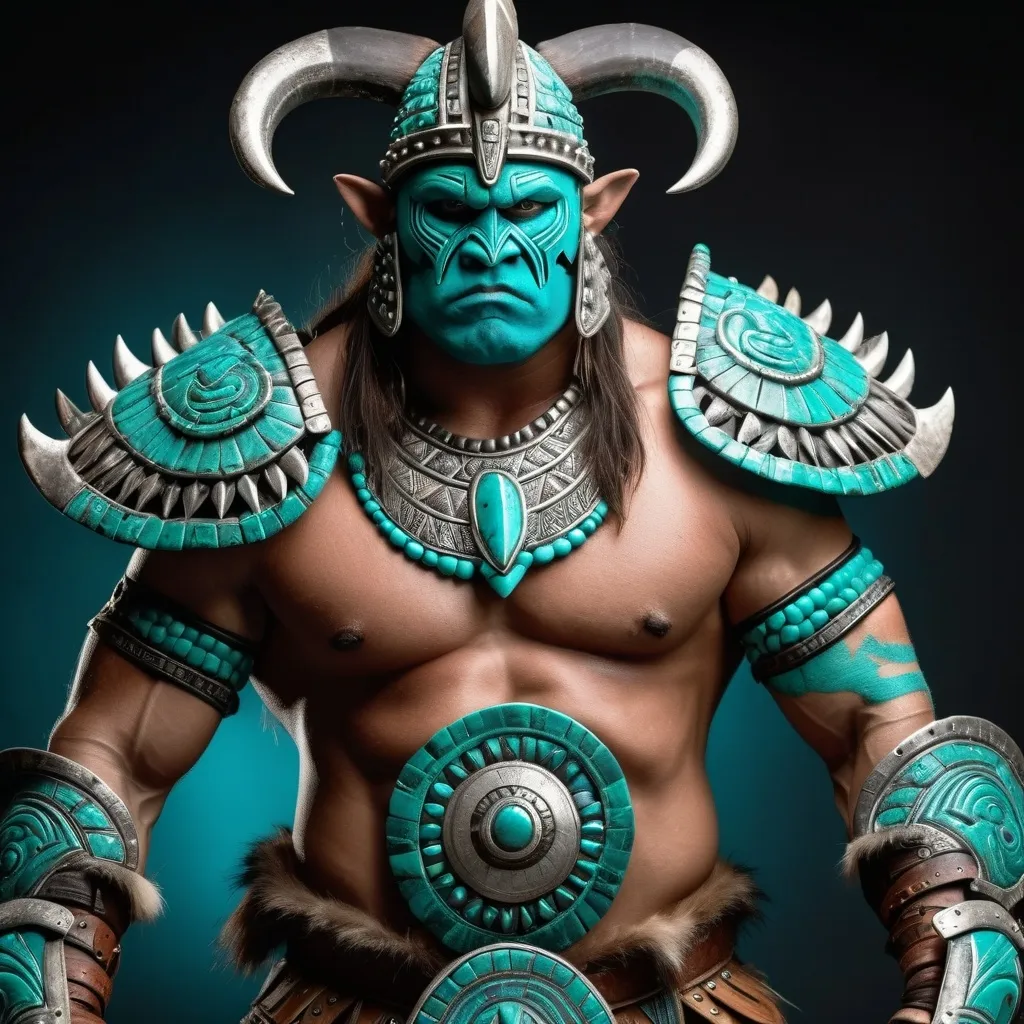 Prompt: Orc barbarian in Mayan armor studded with turquoise