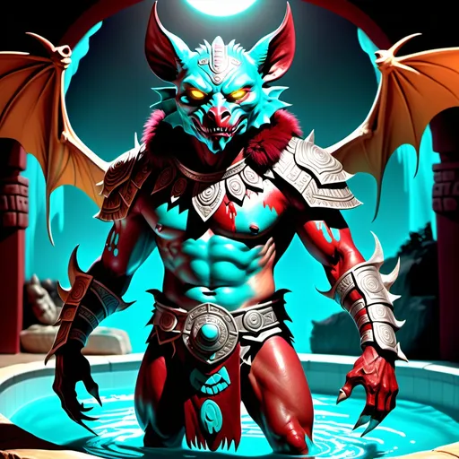 Prompt: hyper-realistic character, fantasy character art, illustration, dnd, warm tone, full body image of Camazotz, the Mayan anthropomorphic bat god, wearing turquoise and silver armor, silver moon behind him, dramatic shot, manipulator of blood, soft yellow glow of his eyes, black fur, standing in a pool of crimson blood