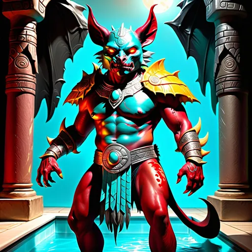 Prompt: hyper-realistic character, fantasy character art, illustration, dnd, warm tone, full body image of Camazotz, the Mayan anthropomorphic bat god, wearing turquoise and silver armor, silver moon behind him, dramatic shot, manipulator of blood, soft yellow glow of his eyes, black fur, standing in a pool of crimson blood