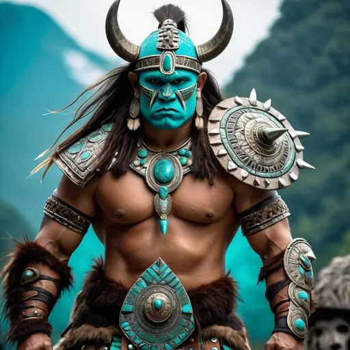 Prompt: Orc barbarian in Mayan armor studded with turquoise