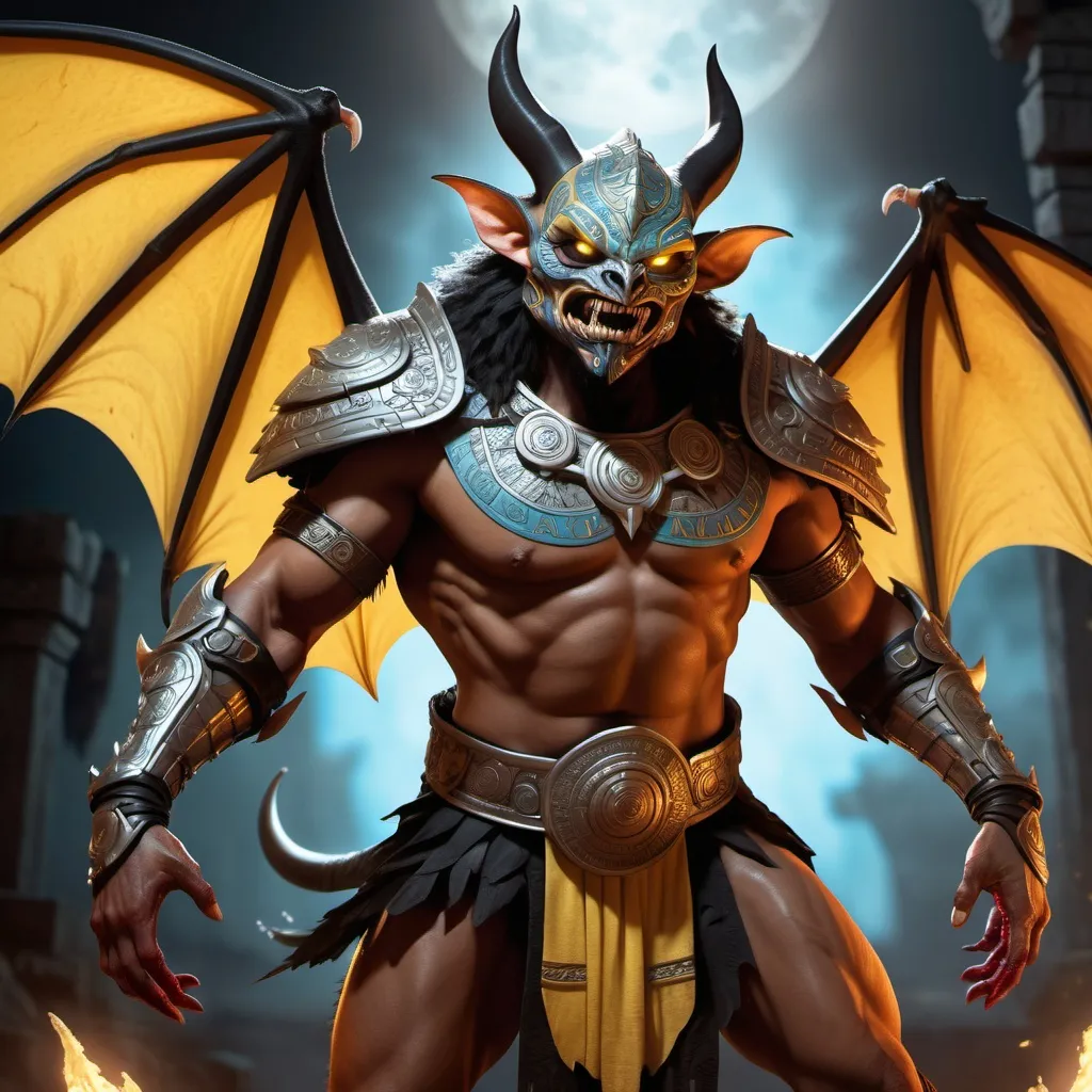 Prompt: hyper-realistic character, fantasy character art, illustration, dnd, warm tone, full body image of Camazotz, the Mayan anthropomorphic bat god, wearing turquoise and silver armor, silver moon behind him, dramatic shot, manipulator of blood, soft yellow glow of his eyes, black fur, particles of blood dance around him