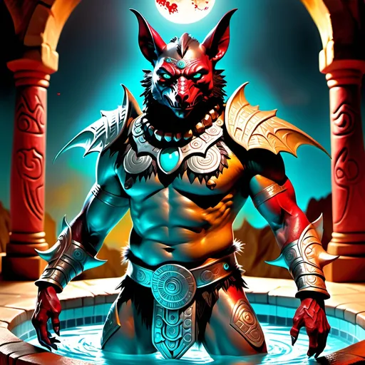 Prompt: hyper-realistic character, fantasy character art, illustration, dnd, warm tone, full body image of Camazotz, the Mayan anthropomorphic bat god, wearing turquoise and silver armor, silver moon behind him, dramatic shot, manipulator of blood, soft yellow glow of his eyes, black fur, standing in a pool of crimson blood