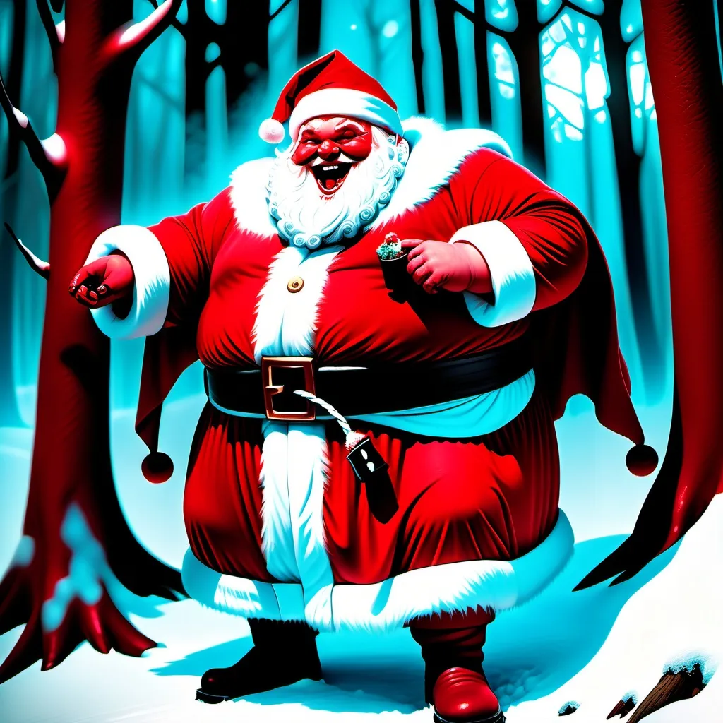 Prompt: hyper-realistic character, fantasy character art, illustration, dnd, warm tone, full body image of a chubby Satan as Santa Cluas, in a snowy forest, snow is stained with blood, he has a happy, laughing