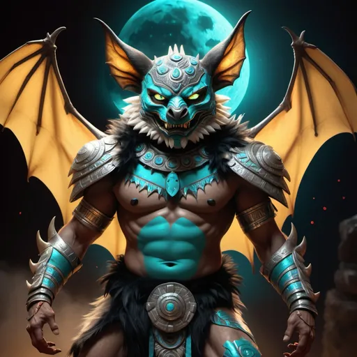 Prompt: hyper-realistic character, fantasy character art, illustration, dnd, warm tone, full body image of Camazotz, the Mayan anthropomorphic bat god, wearing turquoise and silver armor, silver moon behind him, dramatic shot, manipulator of blood, soft yellow glow of his eyes, black fur, particles of blood dance around him