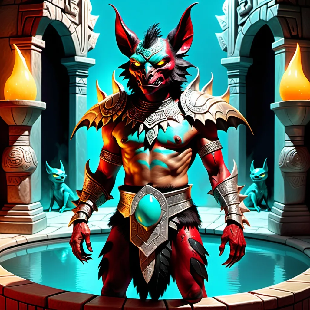 Prompt: hyper-realistic character, fantasy character art, illustration, dnd, warm tone, full body image of Camazotz, the Mayan anthropomorphic bat god, wearing turquoise and silver armor, silver moon behind him, dramatic shot, manipulator of blood, soft yellow glow of his eyes, black fur, standing in a pool of crimson blood